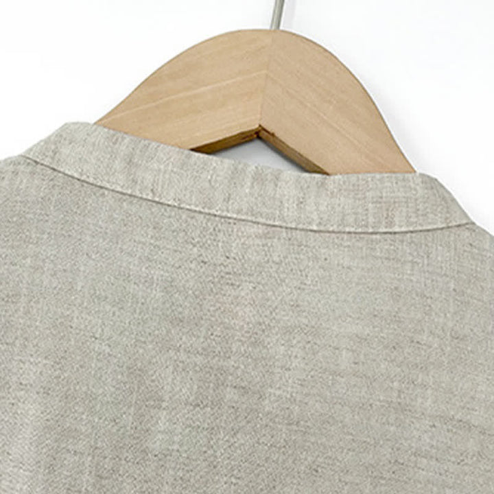 Buddha Stones Summer Minimalist Mandarin Collar Frog Button Solid Men's Short Sleeve Shirt - image 4