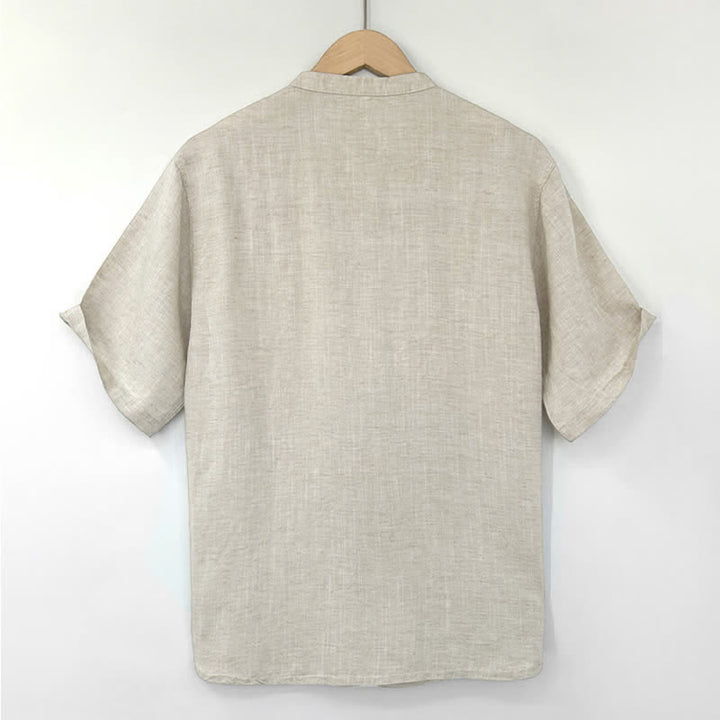 Buddha Stones Summer Minimalist Mandarin Collar Frog Button Solid Men's Short Sleeve Shirt - image 1