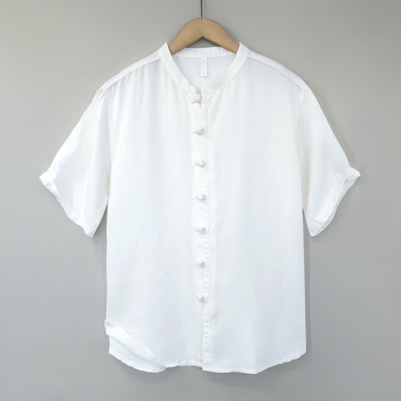 Buddha Stones Summer Minimalist Mandarin Collar Frog Button Solid Men's Short Sleeve Shirt - White - US/UK/AU44，EU54 (4XL) - image 9