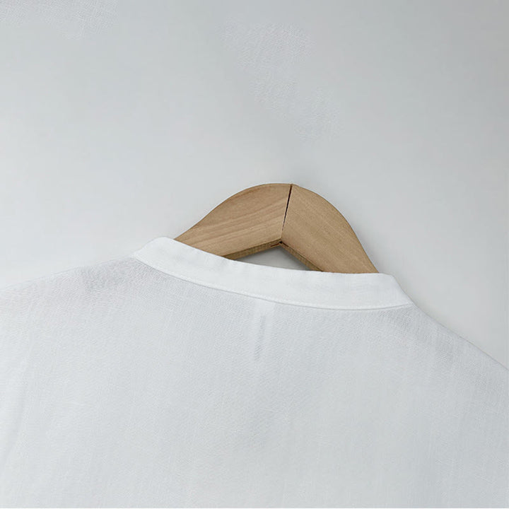 Buddha Stones Summer Minimalist Mandarin Collar Frog Button Solid Men's Short Sleeve Shirt - image 11