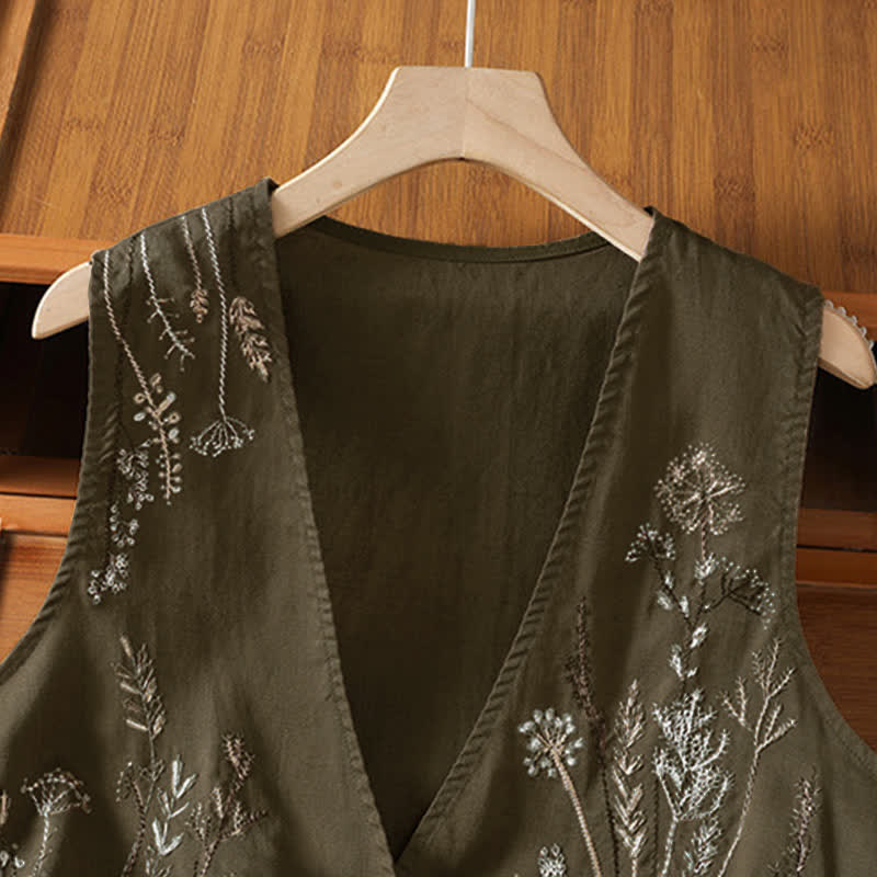 Buddha Stones Summer Embroidery Floral Women's Sleeveless Shirts With Pockets - image 16