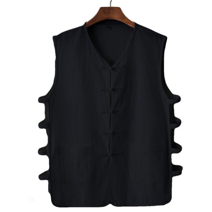 Buddha Stones Summer Tang Style Frog Button Side Slit Hollow Solid Men's Sleeveless Shirts Tank Top With Pockets - Black - US/UK/AU46，EU56 (5XL) - image 6