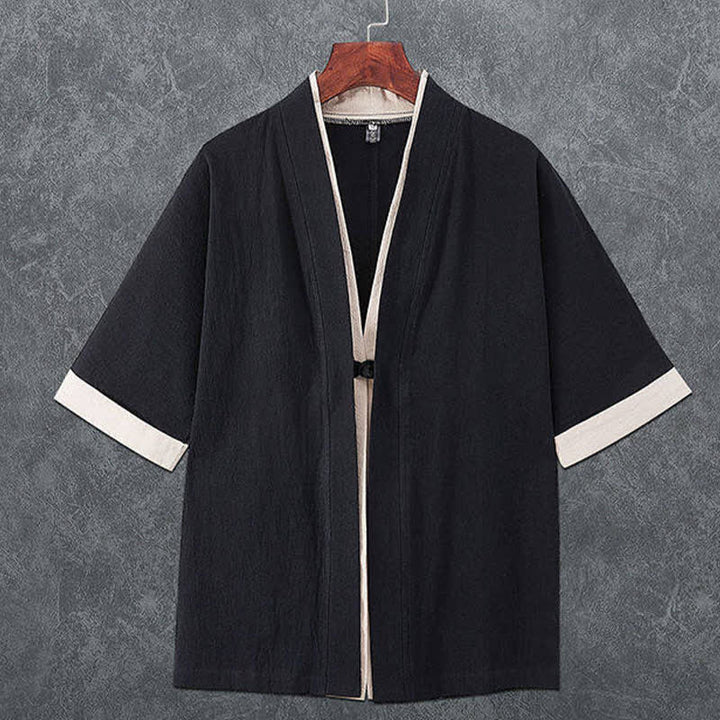 Buddha Stones Summer Minimalist V-Neck Frog Button Solid Men's Short Sleeve Kimono - Black - US/UK/AU46，EU56 (5XL) - image 2