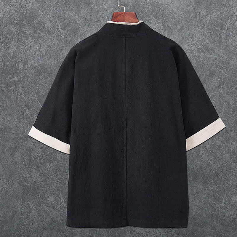 Buddha Stones Summer Minimalist V-Neck Frog Button Solid Men's Short Sleeve Kimono - image 3