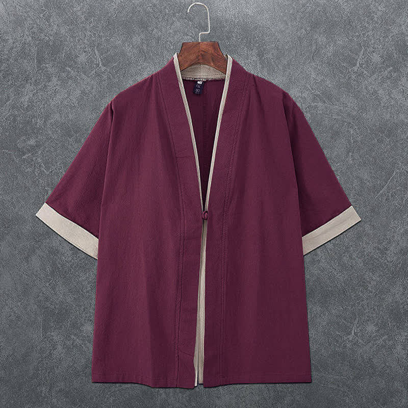 Buddha Stones Summer Minimalist V-Neck Frog Button Solid Men's Short Sleeve Kimono - Maroon - US/UK/AU46，EU56 (5XL) - image 6