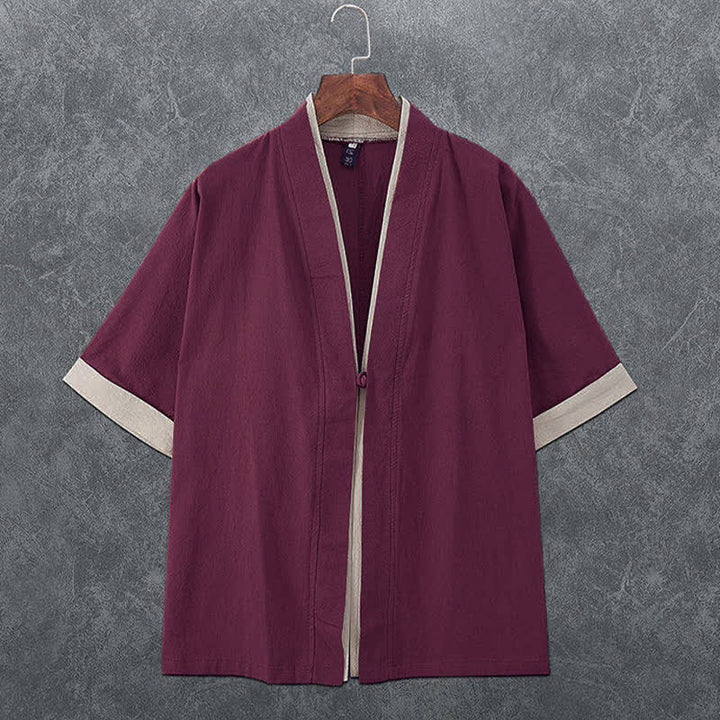 Buddha Stones Summer Minimalist V-Neck Frog Button Solid Men's Short Sleeve Kimono - Maroon - US/UK/AU46，EU56 (5XL) - image 6