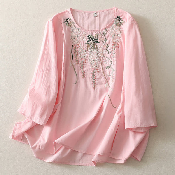 Buddha Stones Spring Embroidery Side Slit Floral Women's Three-Quarter Sleeve Shirts - image 10