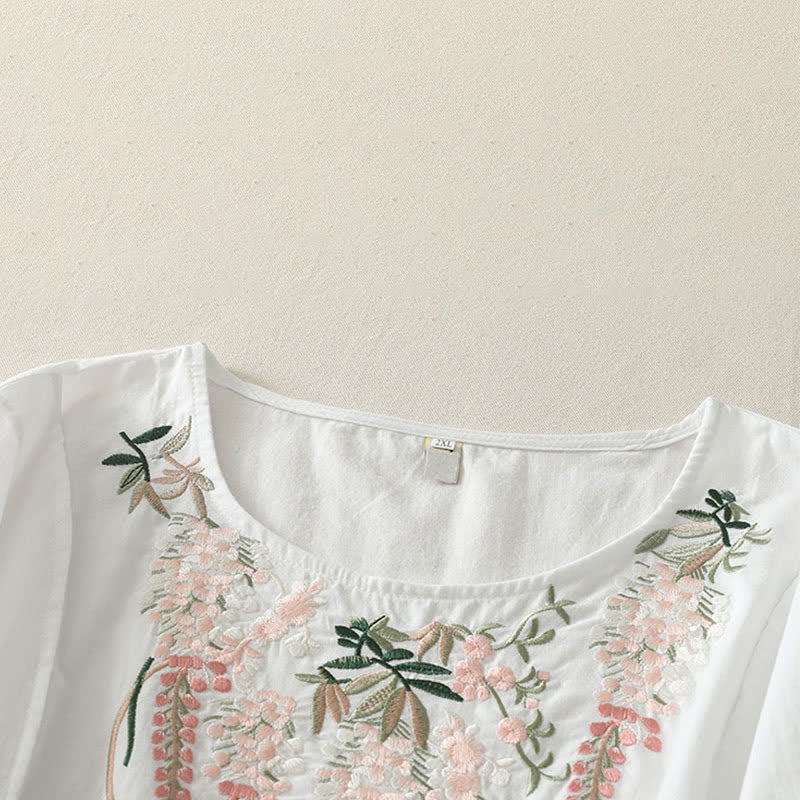 Buddha Stones Spring Embroidery Side Slit Floral Women's Three-Quarter Sleeve Shirts - image 20