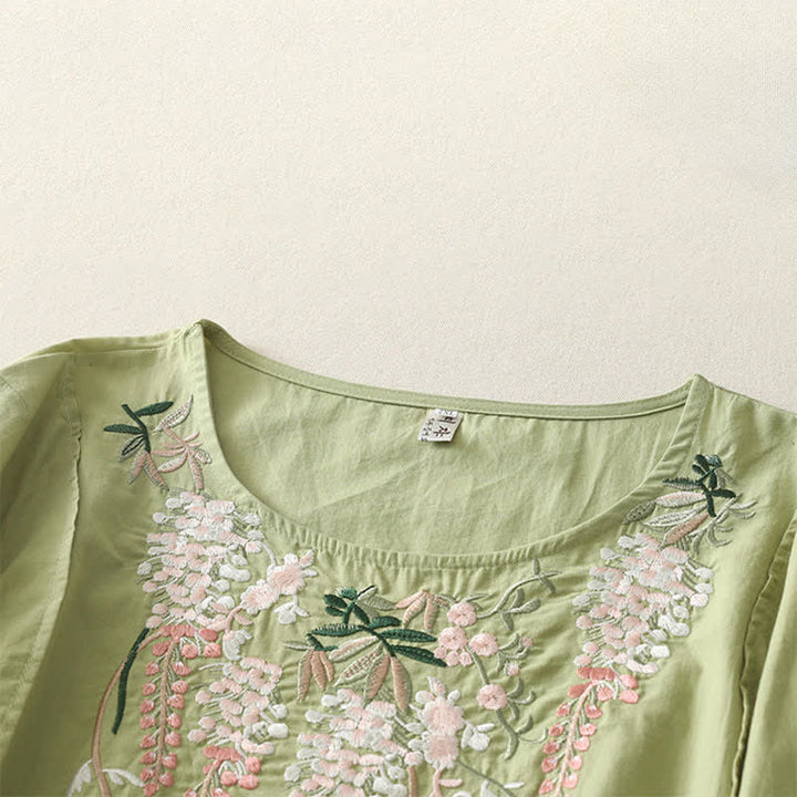 Buddha Stones Spring Embroidery Side Slit Floral Women's Three-Quarter Sleeve Shirts - image 1