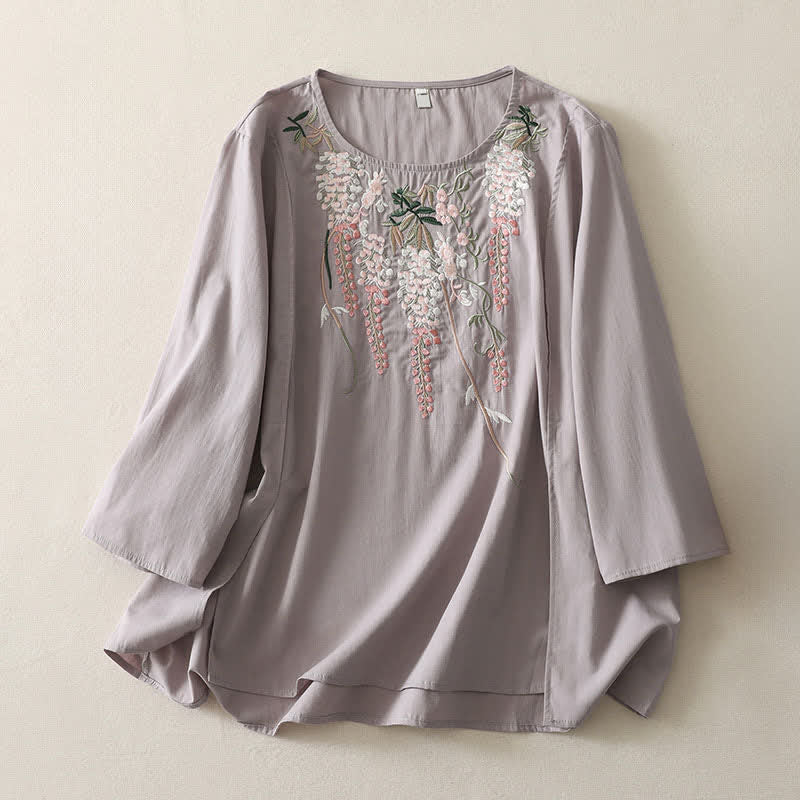 Buddha Stones Spring Embroidery Side Slit Floral Women's Three-Quarter Sleeve Shirts - LightGray - US8-10，UK/AU12-14，EU40-42 (2XL) - image 5