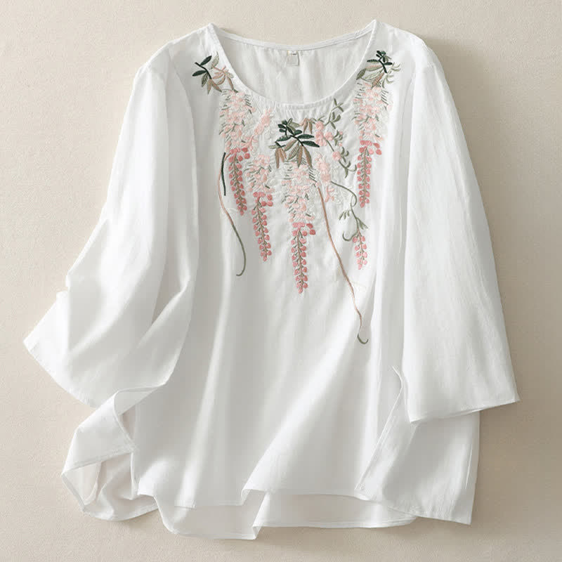 Buddha Stones Spring Embroidery Side Slit Floral Women's Three-Quarter Sleeve Shirts - LightPink - US8-10，UK/AU12-14，EU40-42 (2XL) - image 18