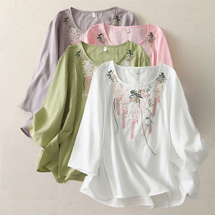 Buddha Stones Spring Embroidery Side Slit Floral Women's Three-Quarter Sleeve Shirts - image 30