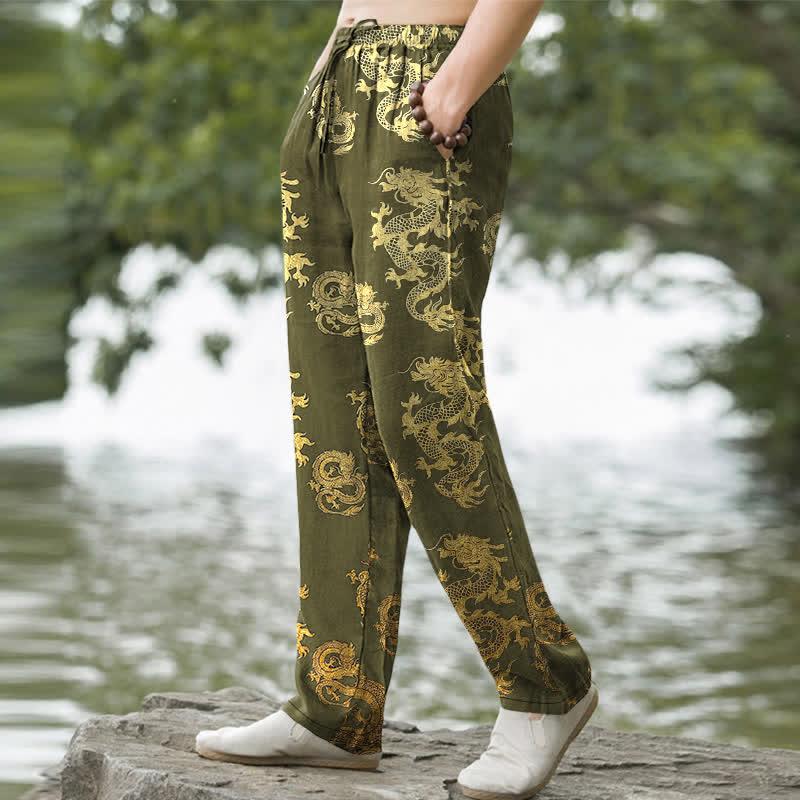 Buddha Stones Cotton Golden Dragon Pattern Men's Tapered Pants With Pockets - image 7