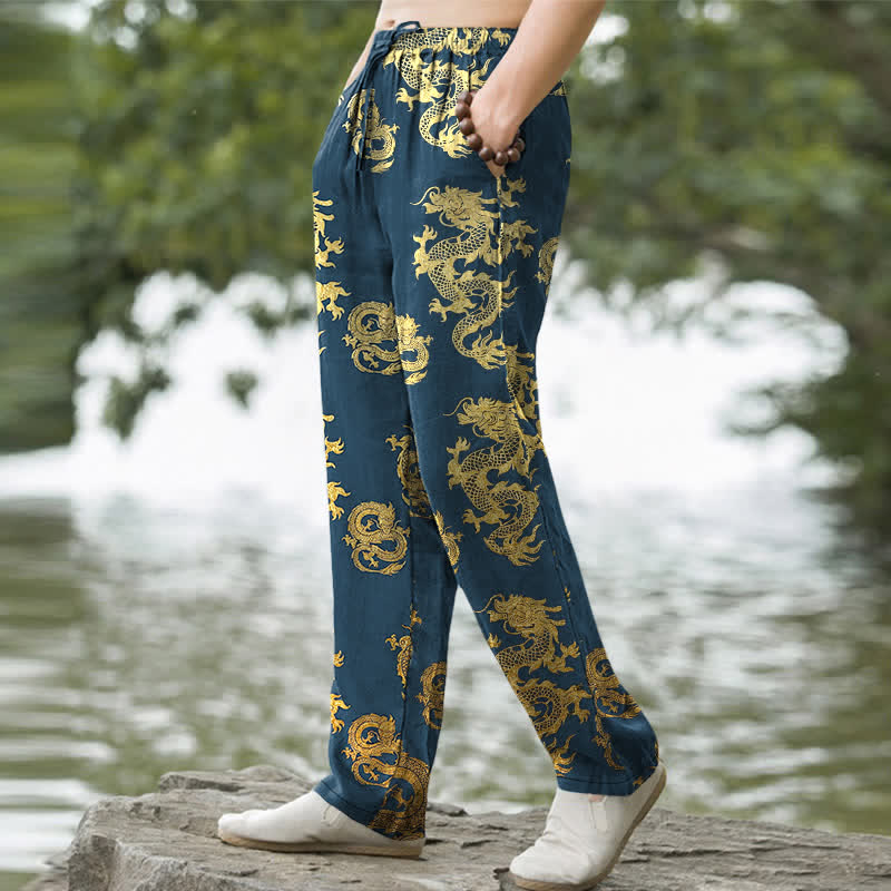 Buddha Stones Cotton Golden Dragon Pattern Men's Tapered Pants With Pockets - image 5