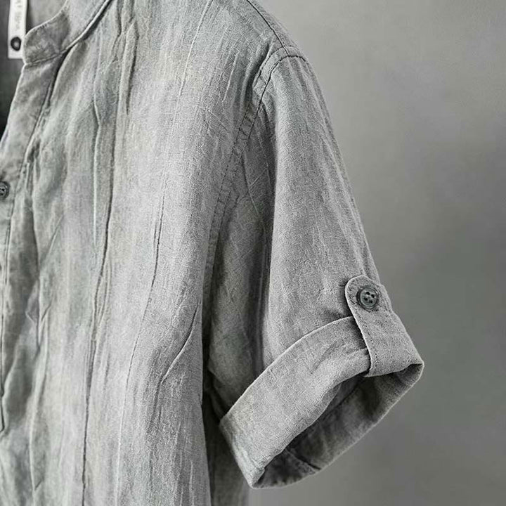 Buddha Stones Summer Half Buttons Rolled Sleeves Design Cotton Linen Men's Short Sleeve Shirt - image 4