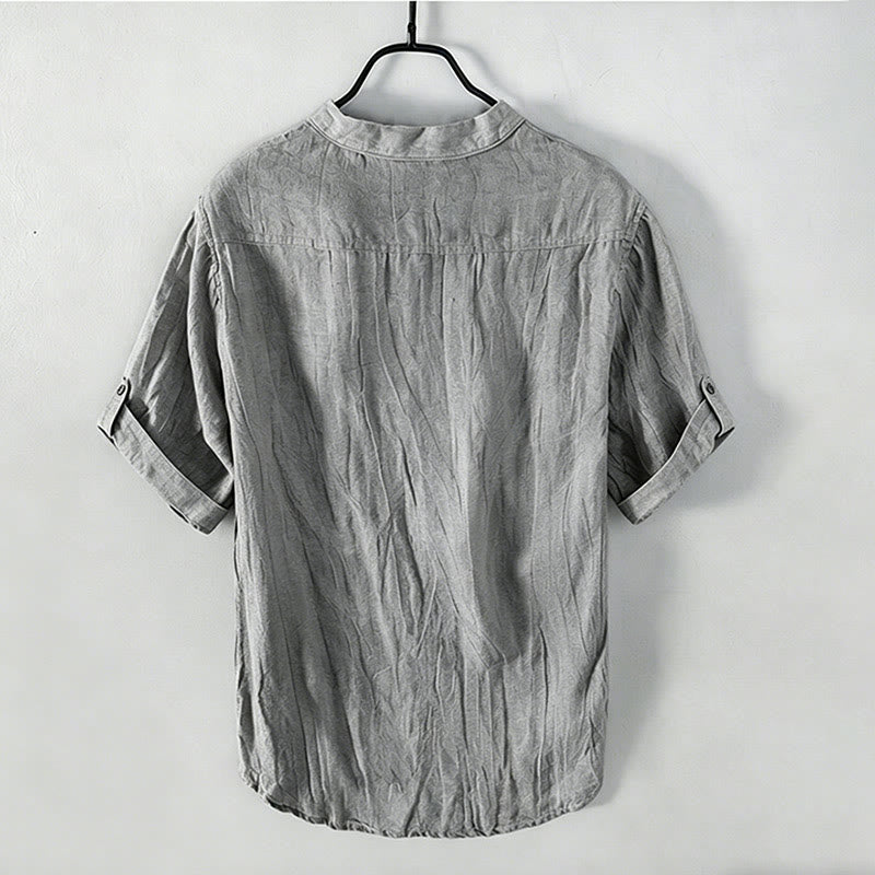 Buddha Stones Summer Half Buttons Rolled Sleeves Design Cotton Linen Men's Short Sleeve Shirt - image 1