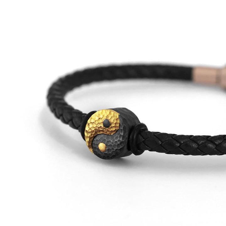 Buddha Stones 925 Sterling Silver 999 Gold Yin Yang Bagua Symbol Balance Leather Bracelet - image 8