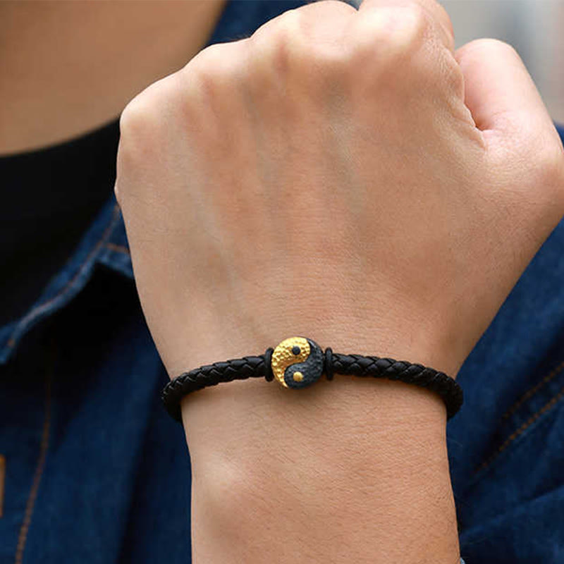 Buddha Stones 925 Sterling Silver 999 Gold Yin Yang Bagua Symbol Balance Leather Bracelet - image 10