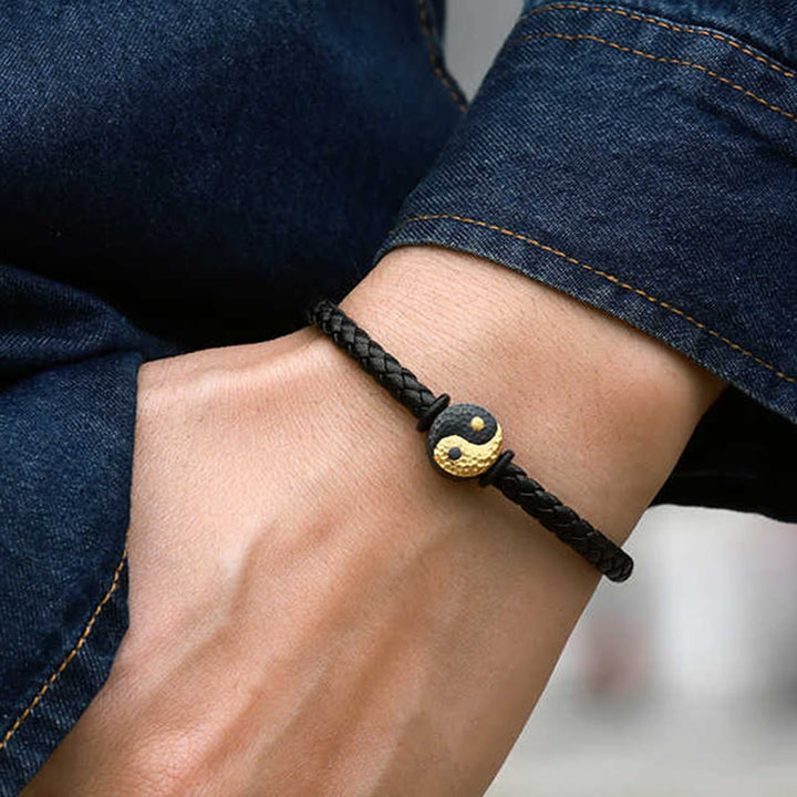 Buddha Stones 925 Sterling Silver 999 Gold Yin Yang Bagua Symbol Balance Leather Bracelet - image 3