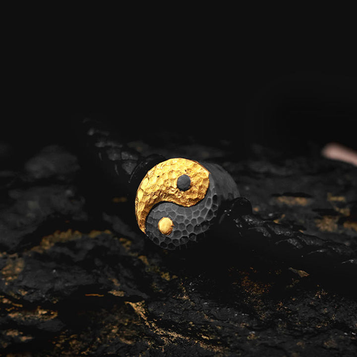 Buddha Stones 925 Sterling Silver 999 Gold Yin Yang Bagua Symbol Balance Leather Bracelet - image 9