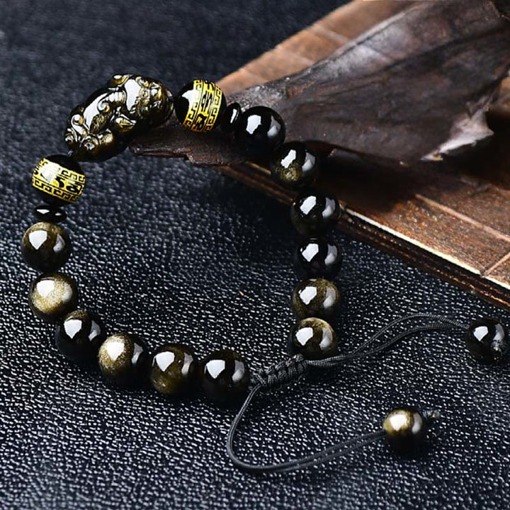Buddha Stones Natural Gold Sheen Obsidian PiXiu Om Mani Padme Hum Protection Rope Bracelet - image 3