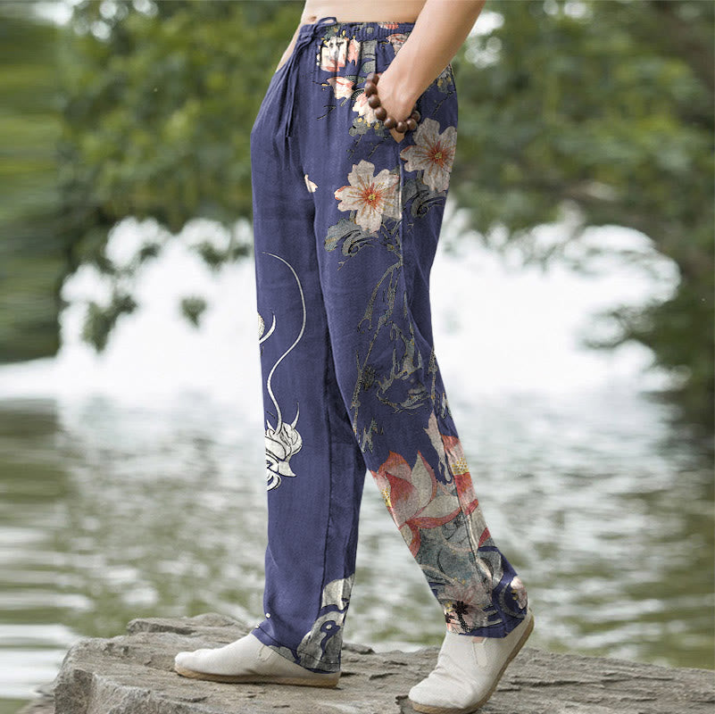Buddha Stones Cotton Oriental Dragon Lotus Pattern Men's Tapered Pants With Pockets - image 5