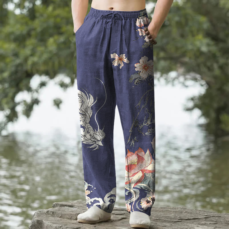 Buddha Stones Cotton Oriental Dragon Lotus Pattern Men's Tapered Pants With Pockets - Navy - US/UK/AU50，EU60 (5XL) - image 4