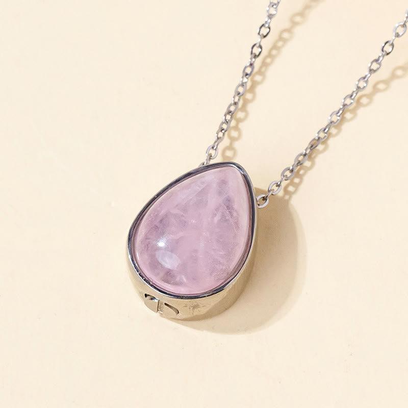 Buddha Stones Natural Blue Lace Agate Rose Quartz Black Onyx Teardrop Design Balance Necklace Pendant - Rose Quartz Silver Chain - image 3
