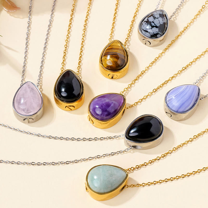 Buddha Stones Natural Blue Lace Agate Rose Quartz Black Onyx Teardrop Design Balance Necklace Pendant - image 25