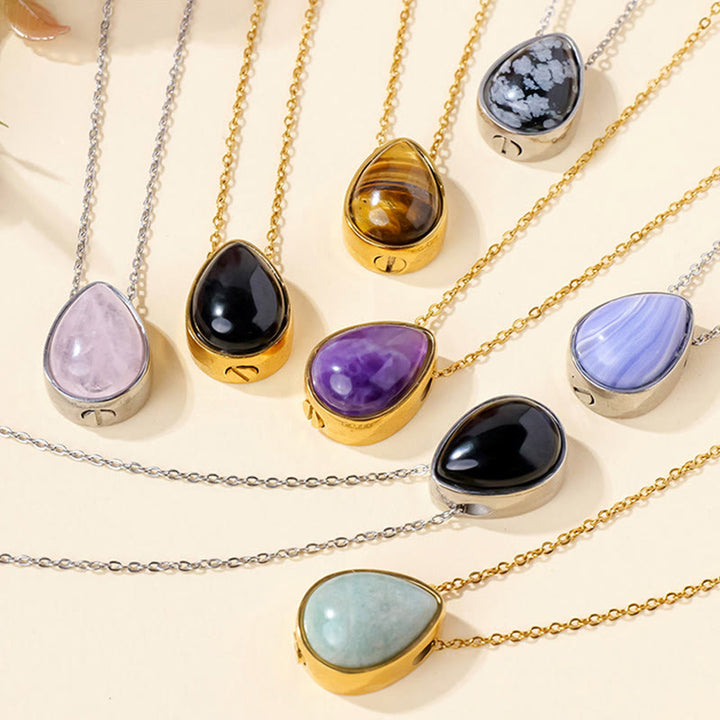 Buddha Stones Natural Blue Lace Agate Rose Quartz Black Onyx Teardrop Design Balance Necklace Pendant - image 25