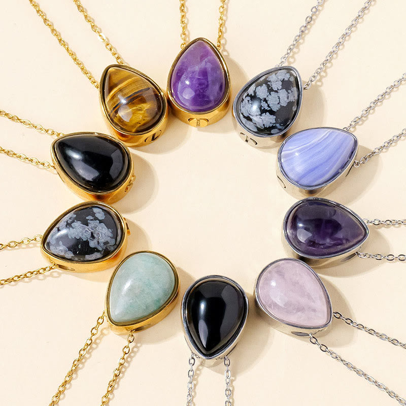 Buddha Stones Natural Blue Lace Agate Rose Quartz Black Onyx Teardrop Design Balance Necklace Pendant - image 24