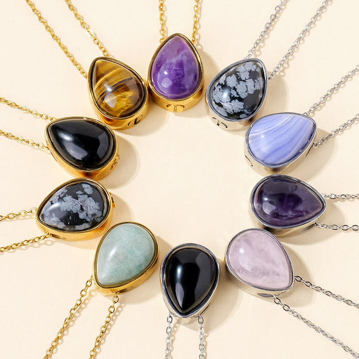 Buddha Stones Natural Blue Lace Agate Rose Quartz Black Onyx Teardrop Design Balance Necklace Pendant - image 24