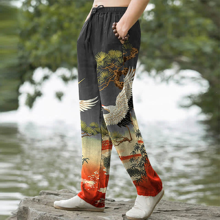 Buddha Stones Cotton Crane Pine Temple Landscape Pattern Men's Tapered Pants With Pockets - image 7