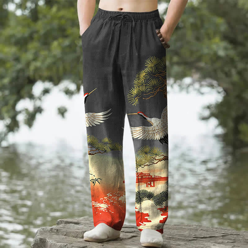Buddha Stones Cotton Crane Pine Temple Landscape Pattern Men's Tapered Pants With Pockets - Black - US/UK/AU50，EU60 (5XL) - image 6