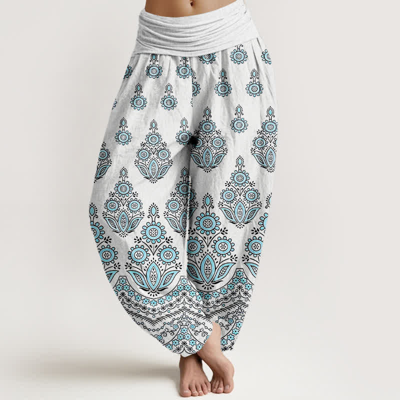 Buddha Stones Pure Cotton Mandala Floral Pattern Women's Elastic Waist Harem Pants - Cyan - US16，UK/AU20，EU48 (3XL) - image 0