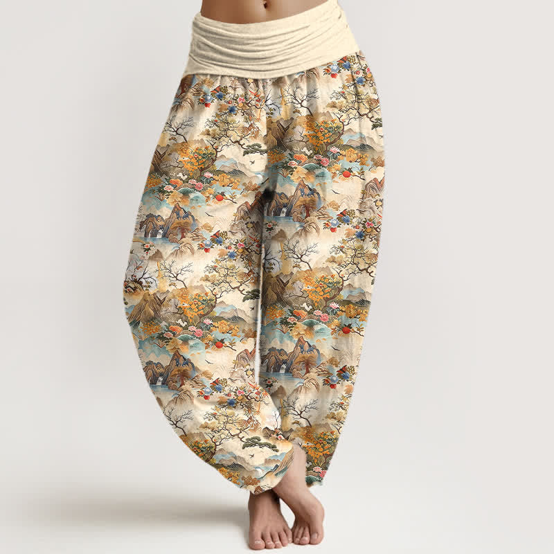 Buddha Stones Cotton Oriental Landscape Pattern Women's Elastic Waist Harem Pants - PaleGoldenrod - US16，UK/AU20，EU48 (3XL) - image 0