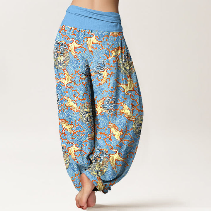 Buddha Stones Pure Cotton White Crane Cloud Pattern Women's Elastic Waist Harem Pants - image 2