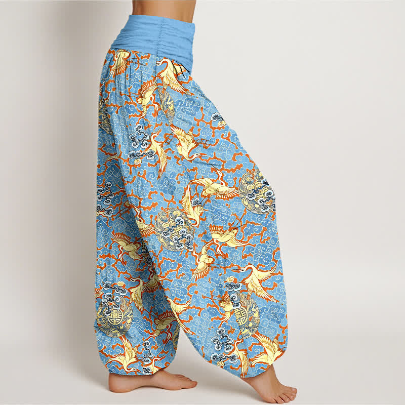 Buddha Stones Pure Cotton White Crane Cloud Pattern Women's Elastic Waist Harem Pants - image 1