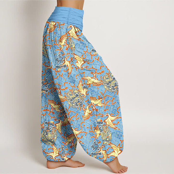 Buddha Stones Pure Cotton White Crane Cloud Pattern Women's Elastic Waist Harem Pants - image 1