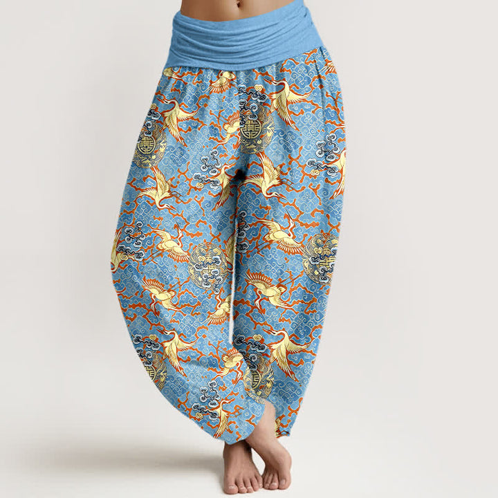 Buddha Stones Pure Cotton White Crane Cloud Pattern Women's Elastic Waist Harem Pants - LightSkyBlue - US16，UK/AU20，EU48 (3XL) - image 0