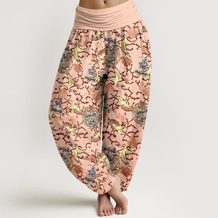 Buddha Stones Pure Cotton White Crane Cloud Pattern Women's Elastic Waist Harem Pants - MistyRose - US16，UK/AU20，EU48 (3XL) - image 3
