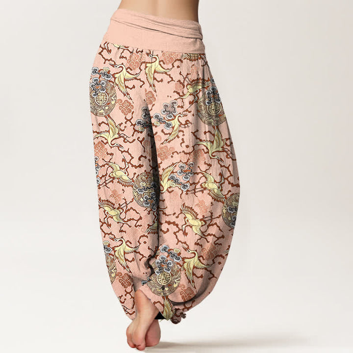 Buddha Stones Pure Cotton White Crane Cloud Pattern Women's Elastic Waist Harem Pants - image 5