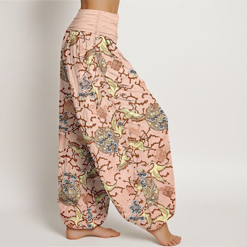 Buddha Stones Pure Cotton White Crane Cloud Pattern Women's Elastic Waist Harem Pants - image 4