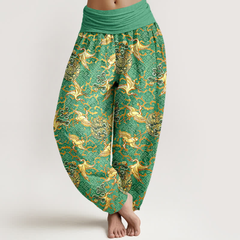 Buddha Stones Pure Cotton White Crane Cloud Pattern Women's Elastic Waist Harem Pants - MediumSeaGreen - US16，UK/AU20，EU48 (3XL) - image 6