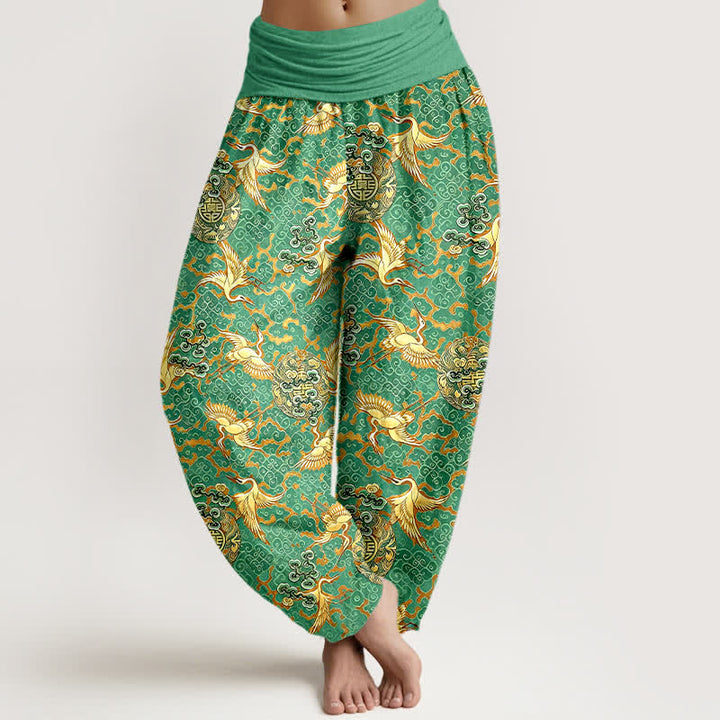 Buddha Stones Pure Cotton White Crane Cloud Pattern Women's Elastic Waist Harem Pants - MediumSeaGreen - US16，UK/AU20，EU48 (3XL) - image 6