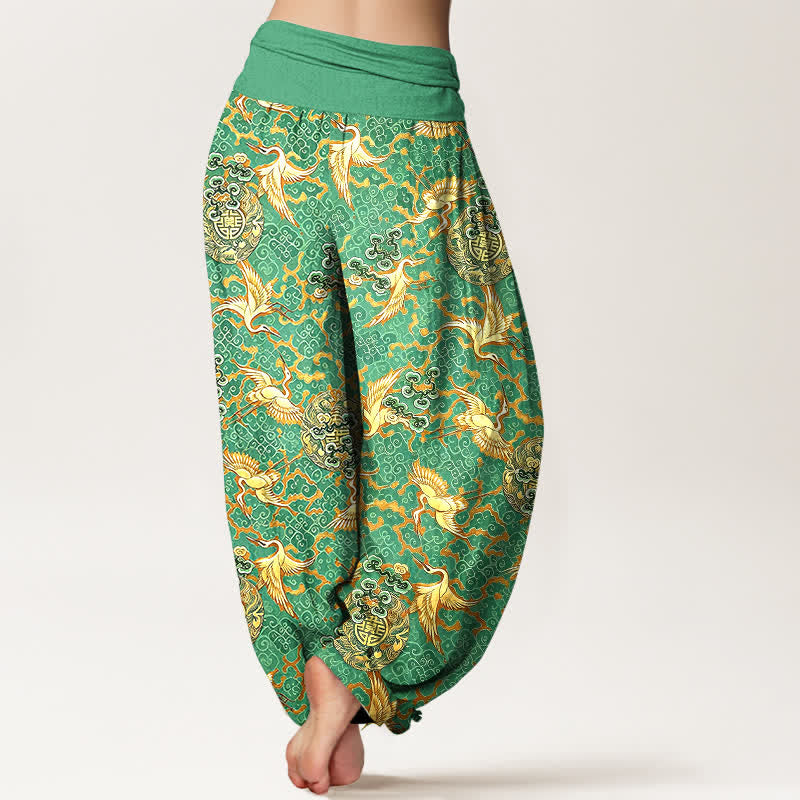 Buddha Stones Pure Cotton White Crane Cloud Pattern Women's Elastic Waist Harem Pants - image 8