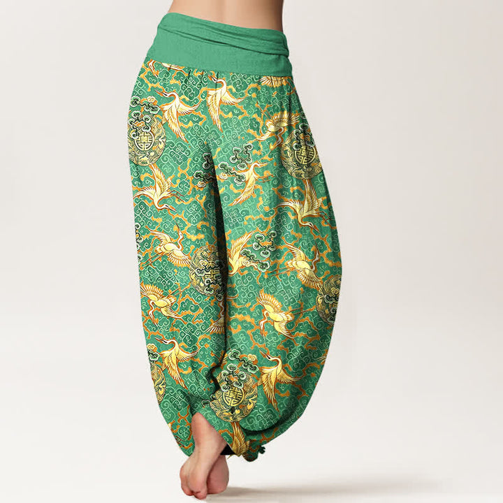 Buddha Stones Pure Cotton White Crane Cloud Pattern Women's Elastic Waist Harem Pants - image 8