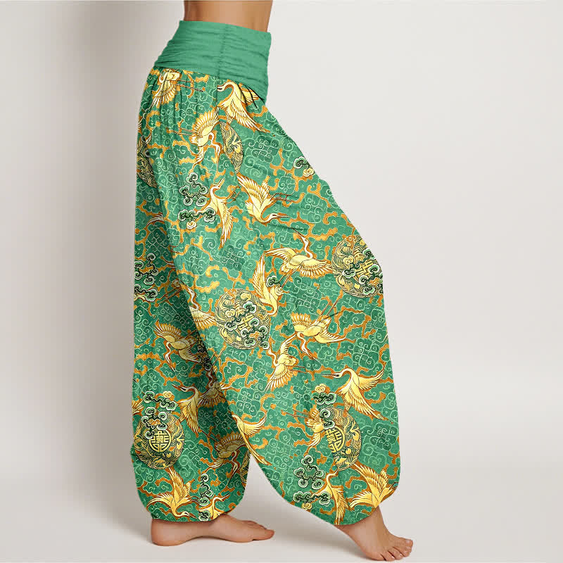 Buddha Stones Pure Cotton White Crane Cloud Pattern Women's Elastic Waist Harem Pants - image 7