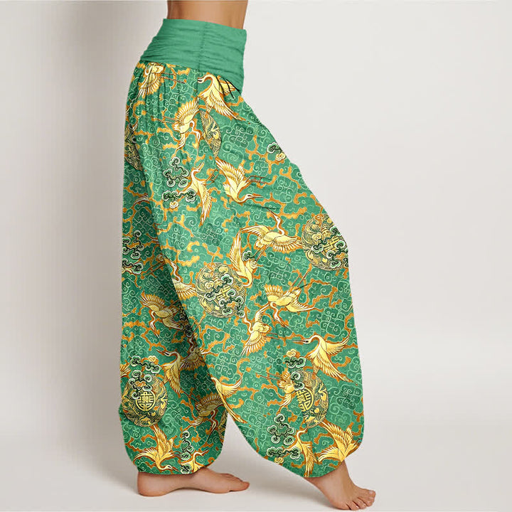 Buddha Stones Pure Cotton White Crane Cloud Pattern Women's Elastic Waist Harem Pants - image 7
