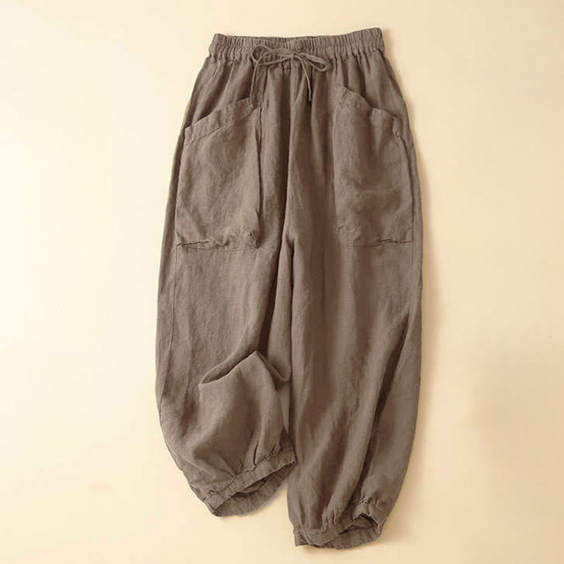 Buddha Stones Commute Women's Plain Harem Capri Cotton Pants With Pockets - Tan - US8-10，UK/AU12-14，EU40-42 (2XL) - image 0